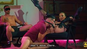 MILF mistress Janet Alfano makes two submissive slaves Perry Layne and Bruno Baxter cum hard