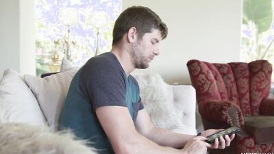 Inked man and his buddy are fucking one another on that couch