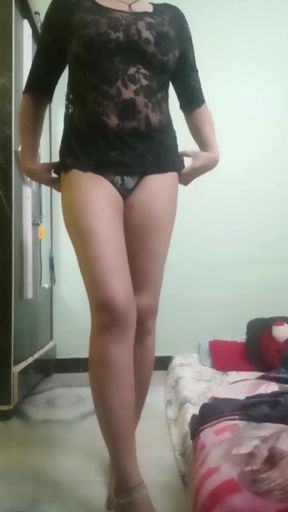 Desi Girl in Black Sheer Top &amp; Panty - Transparent Tease