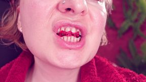 asmr: eating jelly teddybears candies. chewing. mouth close-up.