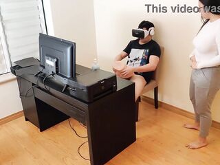 Sexy stepmom masturbates next to son's ally as that guy watches porn with virtual reality glasses glasses