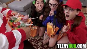 Halloween Foursome: Petite teens give a reality show blowjobs to big cock