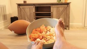 Game Day Gone Wrong! 21 Year Old Girl Barefoot Snack Bowl Food Crush!