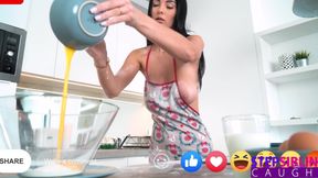 Slim Busty Brunette Beauty Got Fucked By Her Step-bro In the Kitchen During Her Naked Cooking Show