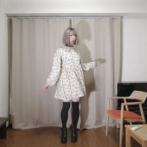 Japanese crossdresser&#039;s cum and cumdrop with floral cutie dress and collared.