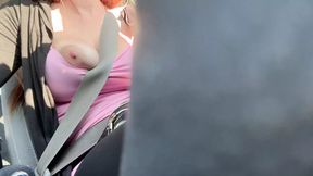Flashy massive tits get man excited during car ride