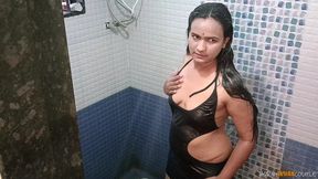 Indian MILF In Shower Playing With Her Natural Tits And Pussy
