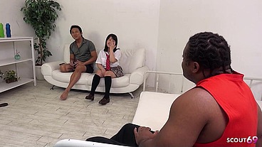 Petite Curvy Japanese Teen 18 with big saggy natural Tits at Interracial MMF Creampie Fuck in Uncensored Japan Porn