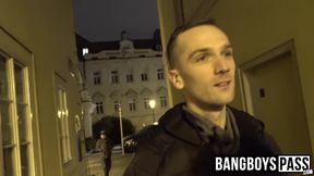 Two gay dudes start sucking cock and fucking in a building