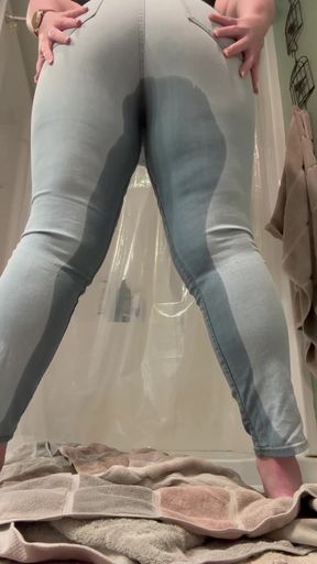 Wet and embarrassed girlfriend pees in her jeans