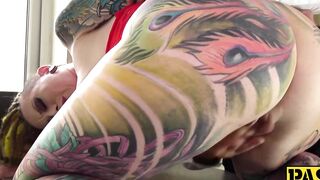 Busty and inked Piggy Mouth fucked anal before cum in mouth