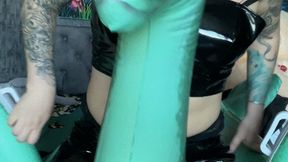 ride in latex on inflatable dragon