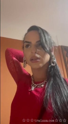 Trans girl sucks a dildo and masturbates