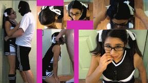 Cheerleader eRica asks for a donation, gets face fucked and has her pigtails used as handlebars instead!