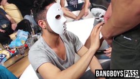 Dude wearing mask sucks as many dicks as he can at party