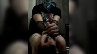 Goth Twink in Self-Bondage with Ballgag and Drooling Finish