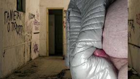 Cumshot on her silver shiny down jacket. (Down Jacket Fetish)