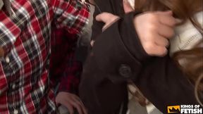 Group of guys satisfy a Japanese babe with toys and make her squirt