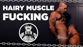 HAIRY MUSCLE FUCKING - TATTOOED MAN - HARNESS - SLING - DUNGEON - MATURE MEN
