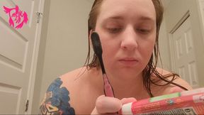 Brushing Teeth and Scrubbing Tongue with Wet Hair while tired