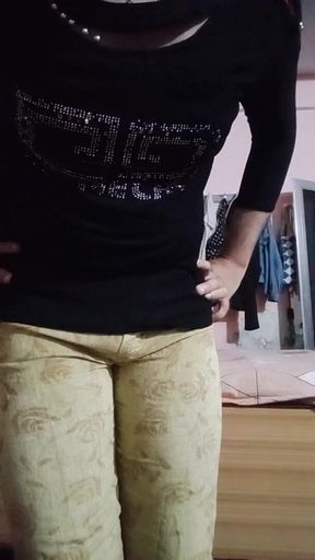 Indian Gay Crossdresser Gaurisissy Pressing and Playing with Her Big Boobs in Jeans T Shirt