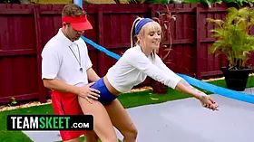 Fit blondie is the coach\u2019s new pound dildo