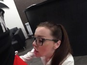 Beautiful secretary pleased angry customer with hot blowjob at reception