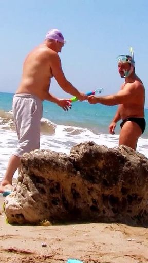 Two guys fuck on the beach horny Milf Leane Fontaine in the ass