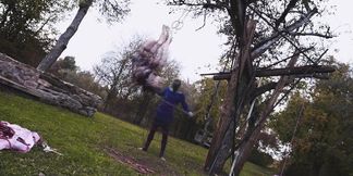 Tattooed girl in ropes gets BDSM suspension & bondage fun in the great outdoors