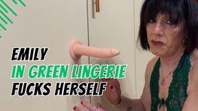 Emily in green lingerie fucks herself