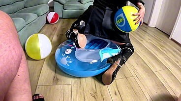 Inflatable Humiliation in Leather. Beach Ball Popping, Deepthroat, Doggy and Cum Play