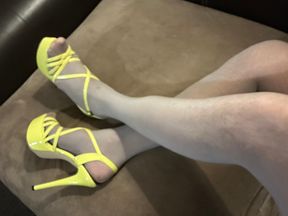 Fluro yellow high heels that I fuck with my hard cock while I am wearing sexy lingerie
