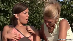 His very old mom teaching teen toying