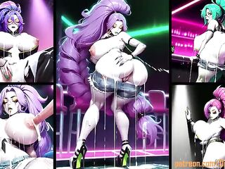 Colored hair chick with large breasts and large booty in high-heels shows huge creampie and likes cum from all sides in her throat and her gap body. The juices run down her whole body.