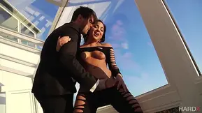 Dark-haired bitch with natural tits enjoys intense anal pounding