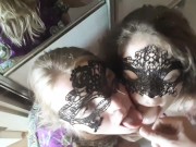Polyamory video #32 Double swallow blowjob in the mirror