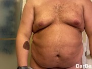 Verbal fat guy talks down to you/degrades you while you watch; oils up chest, moobs, and thighs too