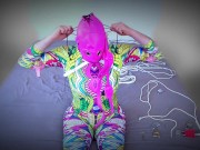 Selfbondage session in catsuit ruined by cheap Chinese harness