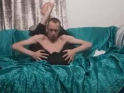 Skinny baldy teen wears leggings and puts his legs behind hi head and fingers his ass