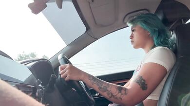 Lesbians flashing while driving with soft tits and big asses
