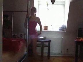 Divine blonde girlfriend gives me pole dance and sucks my cock