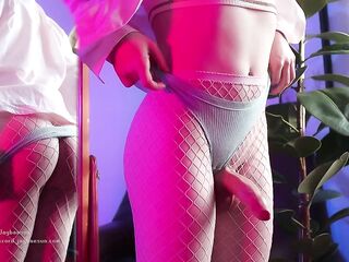 Femboy edges biggest dick and bangs fleshlight in pink fishnets