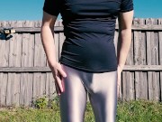 Man Gets Wet in Shiny Spandex Tights with Hose After Workout at Gym