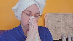 Up Close Nose Honking in Hair Towel and Robe with Hanky