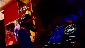 Tied up man gets used by a slutty blonde lady in red