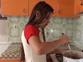Bisexual ass fucking threesome in the kitchen