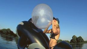 Alla is hot riding a rare inflatable whale on the lake and making a B2P transparent balloon 18 inches!!!