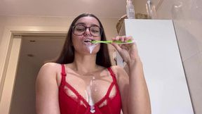 red lingerie slut messy toothbrushing spitting wet sloppy