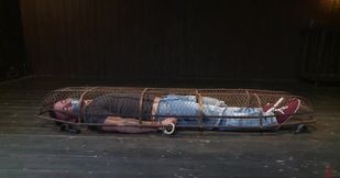 Muscular man is tied up and caged by a sadistic pervert