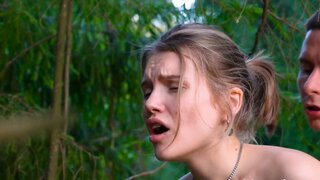 Pleasurable teen gets tight pussy creampie in public